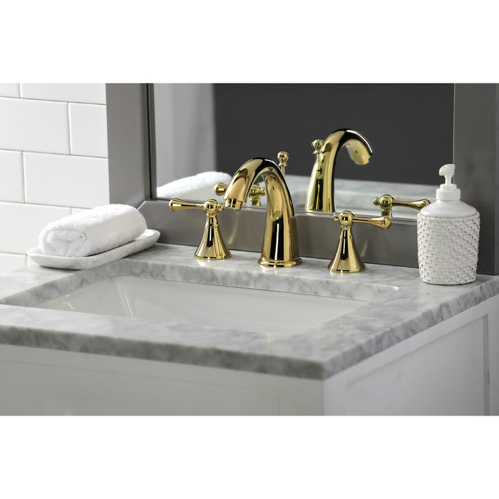 English Country KS2972BL Two-Handle 3-Hole Deck Mount Widespread Bathroom Faucet with Brass Pop-Up Drain, Polished Brass