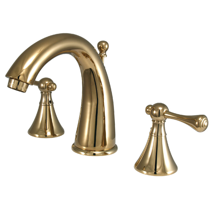 English Country KS2972BL Two-Handle 3-Hole Deck Mount Widespread Bathroom Faucet with Brass Pop-Up Drain, Polished Brass