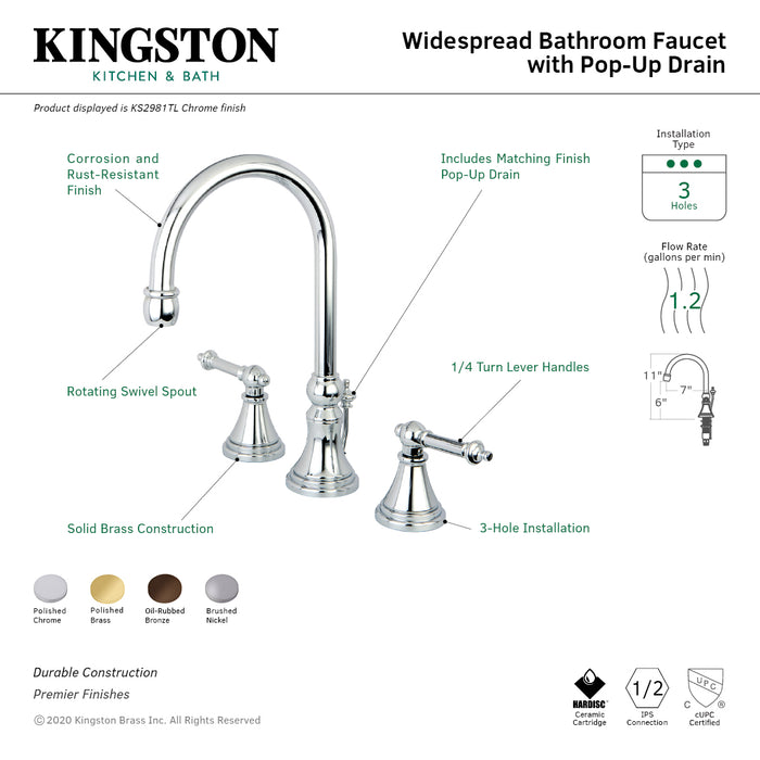 Templeton KS2982TL Two-Handle 3-Hole Deck Mount Widespread Bathroom Faucet with Brass Pop-Up Drain, Polished Brass