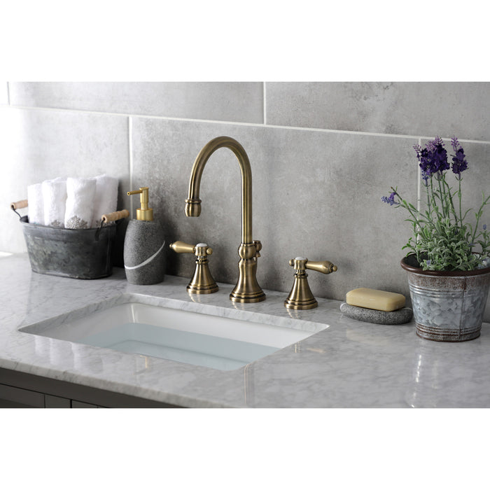 Heirloom KS2983BAL Two-Handle 3-Hole Deck Mount Widespread Bathroom Faucet with Brass Pop-Up Drain, Antique Brass