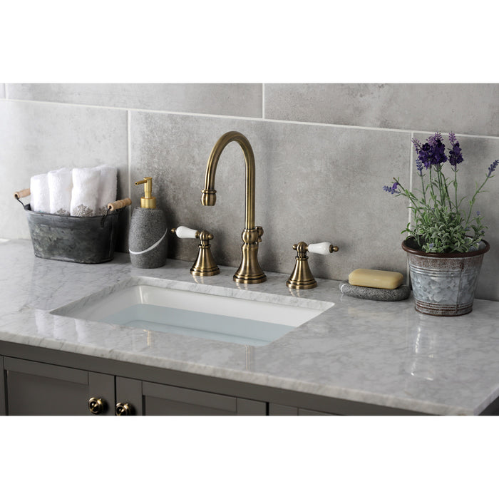 Governor KS2983PL Two-Handle 3-Hole Deck Mount Widespread Bathroom Faucet with Brass Pop-Up Drain, Antique Brass