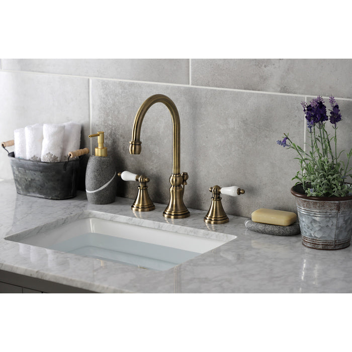 Governor KS2983PL Two-Handle 3-Hole Deck Mount Widespread Bathroom Faucet with Brass Pop-Up Drain, Antique Brass