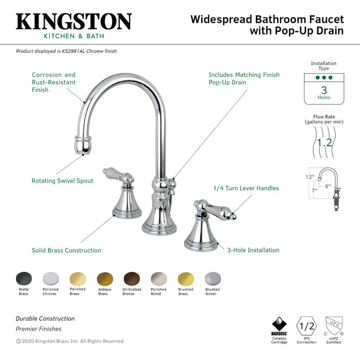 Governor KS2986AL Two-Handle 3-Hole Deck Mount Widespread Bathroom Faucet with Brass Pop-Up Drain, Polished Nickel