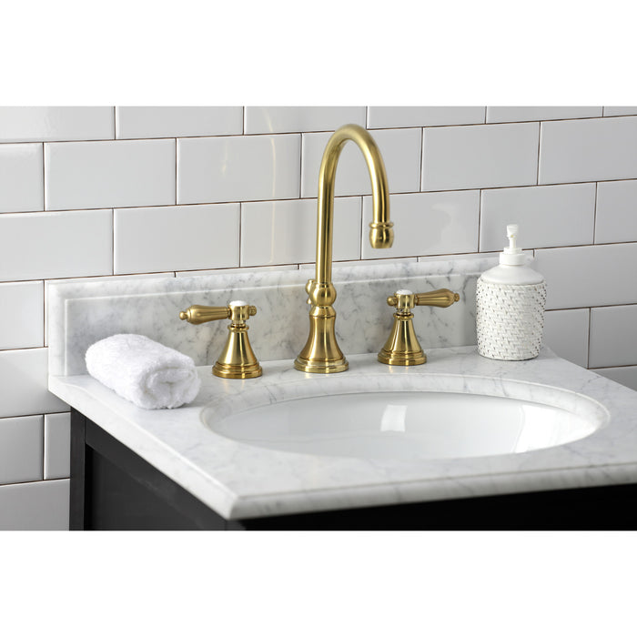 Heirloom KS2987BAL Two-Handle 3-Hole Deck Mount Widespread Bathroom Faucet with Brass Pop-Up Drain, Brushed Brass