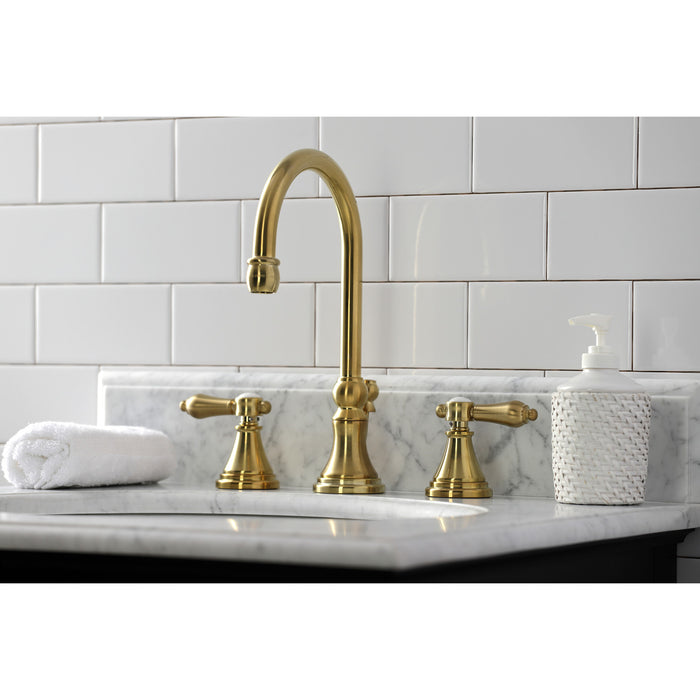 Heirloom KS2987BAL Two-Handle 3-Hole Deck Mount Widespread Bathroom Faucet with Brass Pop-Up Drain, Brushed Brass