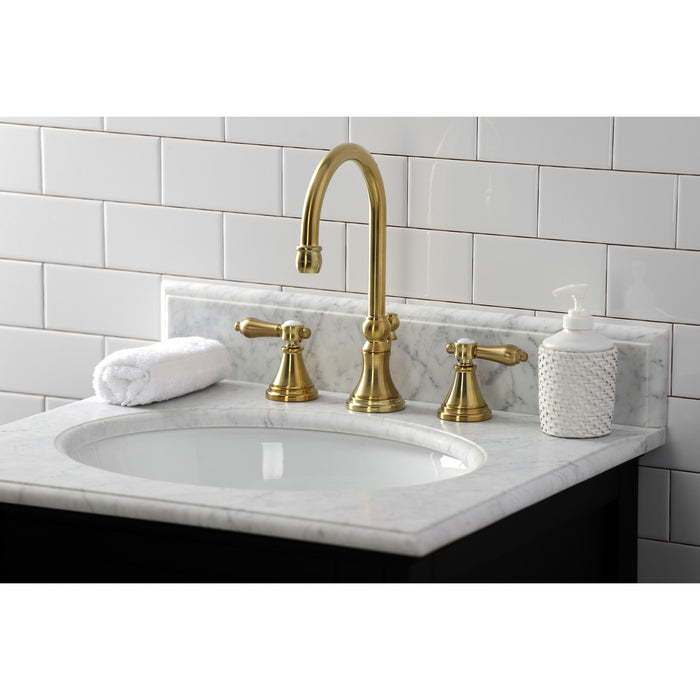 Heirloom KS2987BAL Two-Handle 3-Hole Deck Mount Widespread Bathroom Faucet with Brass Pop-Up Drain, Brushed Brass