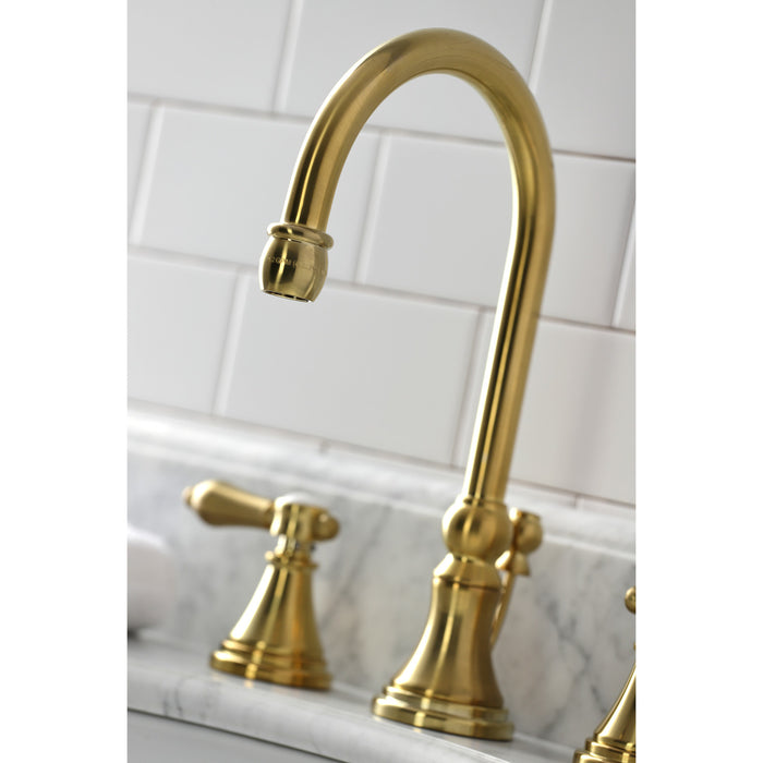 Heirloom KS2987BAL Two-Handle 3-Hole Deck Mount Widespread Bathroom Faucet with Brass Pop-Up Drain, Brushed Brass