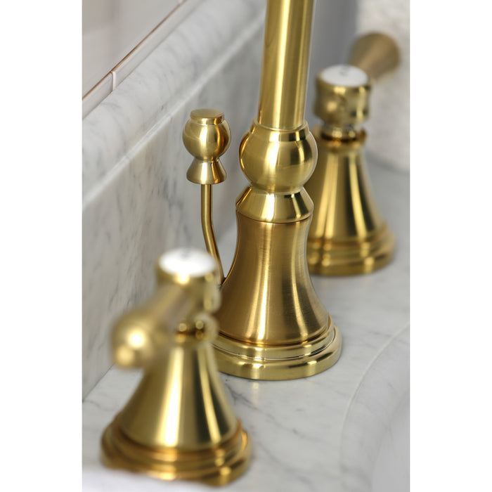 Heirloom KS2987BAL Two-Handle 3-Hole Deck Mount Widespread Bathroom Faucet with Brass Pop-Up Drain, Brushed Brass