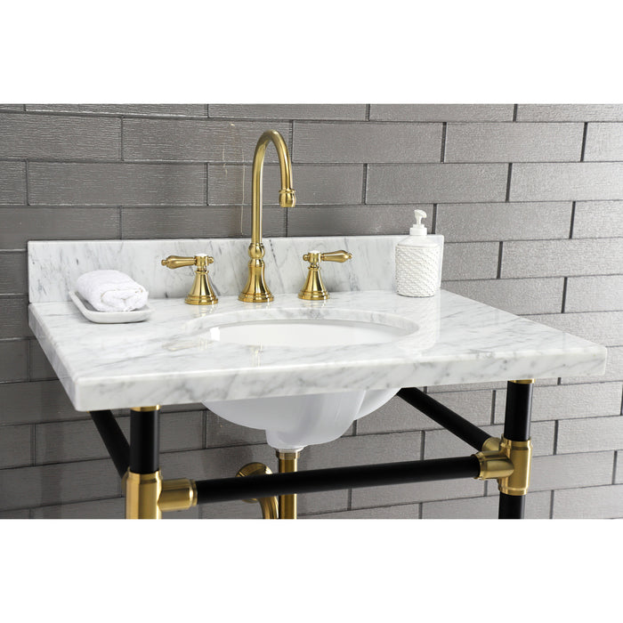 Heirloom KS2987BAL Two-Handle 3-Hole Deck Mount Widespread Bathroom Faucet with Brass Pop-Up Drain, Brushed Brass