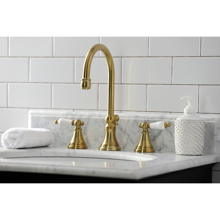 Governor KS2987PL Two-Handle 3-Hole Deck Mount Widespread Bathroom Faucet with Brass Pop-Up Drain, Brushed Brass