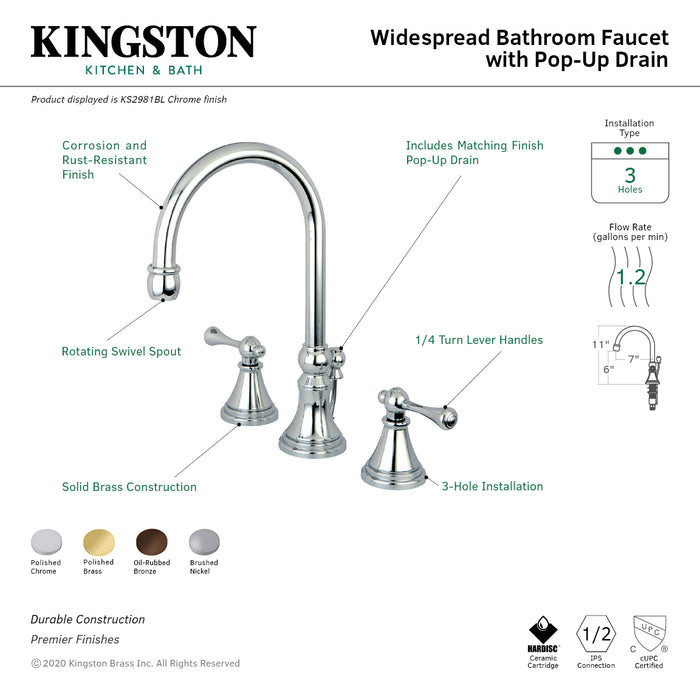 Governor KS2988BL Two-Handle 3-Hole Deck Mount Widespread Bathroom Faucet with Brass Pop-Up Drain, Brushed Nickel