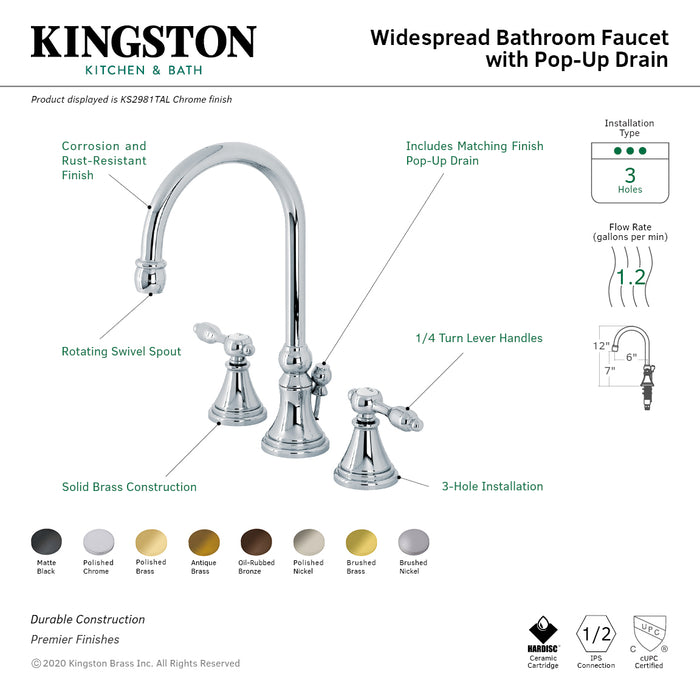 Tudor KS2988TAL Two-Handle 3-Hole Deck Mount Widespread Bathroom Faucet with Brass Pop-Up Drain, Brushed Nickel