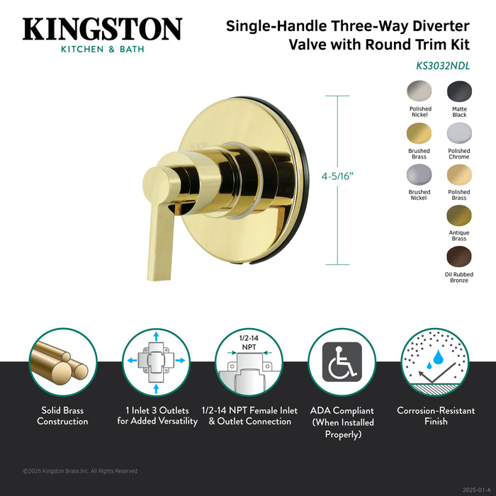 NuvoFusion KS3031NDL Single-Handle Three-Way Diverter Valve with Round Trim Kit, Polished Chrome