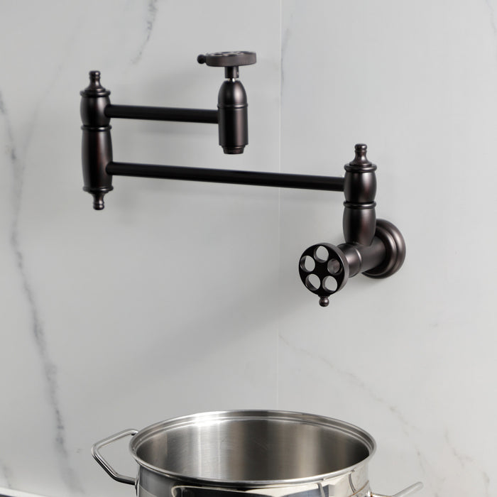 Wendell KS3105RKZ Two-Handle 1-Hole Wall Mount Pot Filler with Knurled Handle, Oil Rubbed Bronze