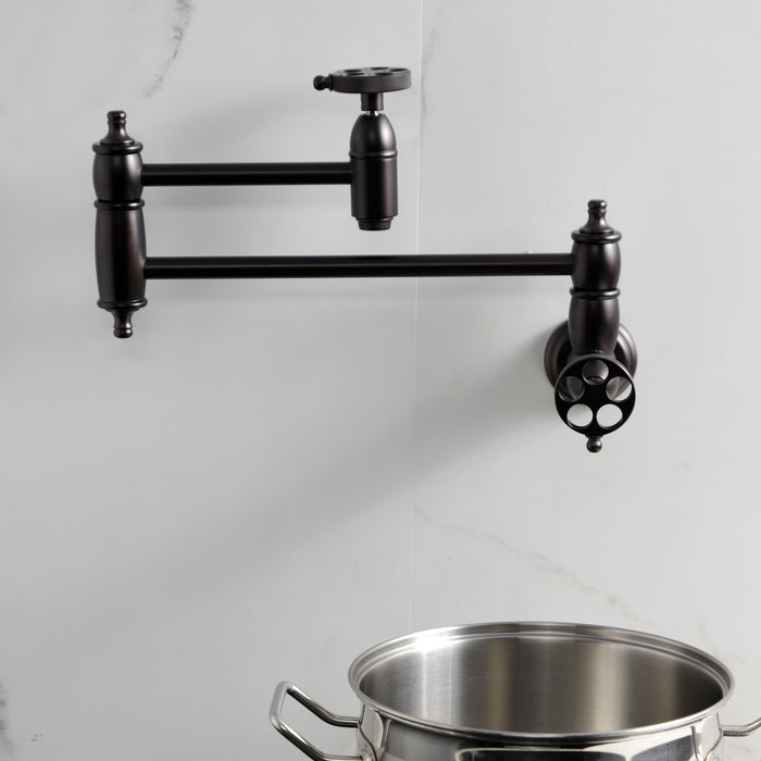 Wendell KS3105RKZ Two-Handle 1-Hole Wall Mount Pot Filler with Knurled Handle, Oil Rubbed Bronze