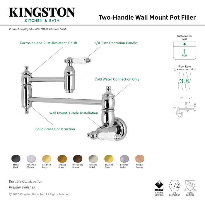 Restoration KS3107PL Two-Handle 1-Hole Wall Mount Pot Filler, Brushed Brass