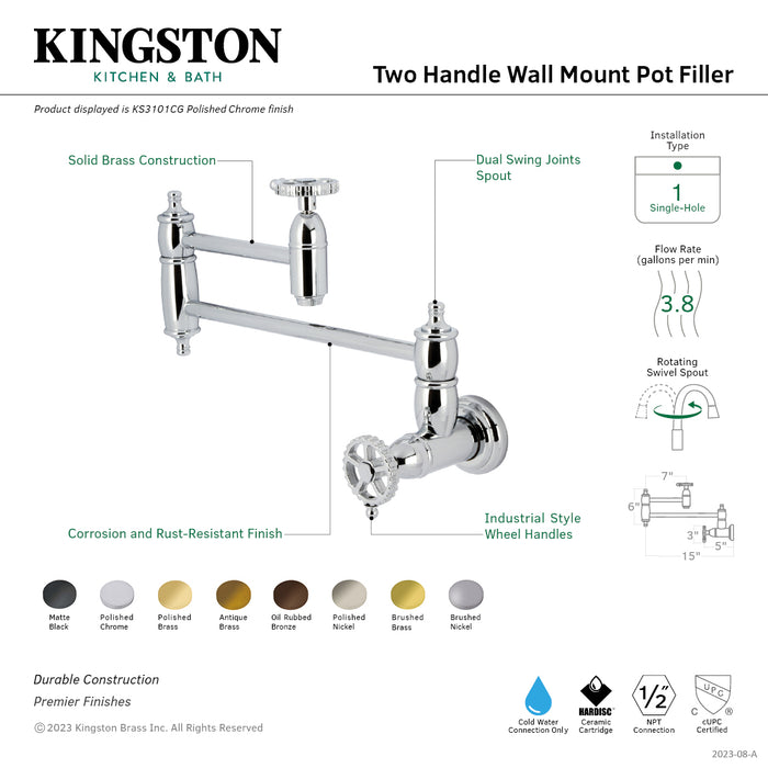 Fuller KS3108CG Two-Handle Wall Mount Pot Filler, Brushed Nickel