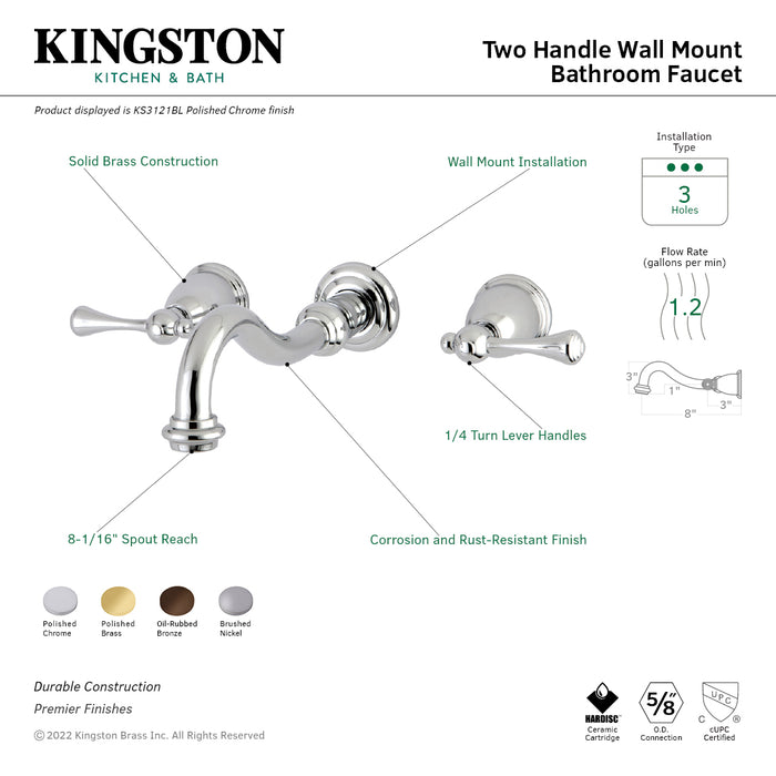 Vintage KS3121BL Double-Handle 3-Hole Wall Mount Bathroom Faucet, Polished Chrome