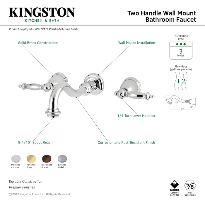 Templeton KS3122TL Double-Handle 3-Hole Wall Mount Bathroom Faucet, Polished Brass