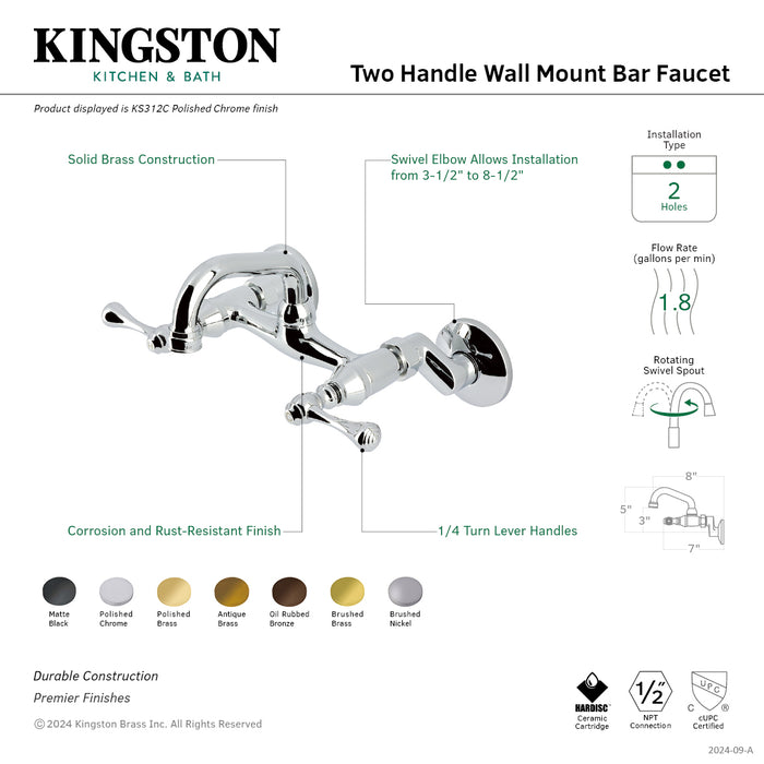 Kingston KS312SN Two-Handle 2-Hole Wall Mount Bar Faucet, Brushed Nickel