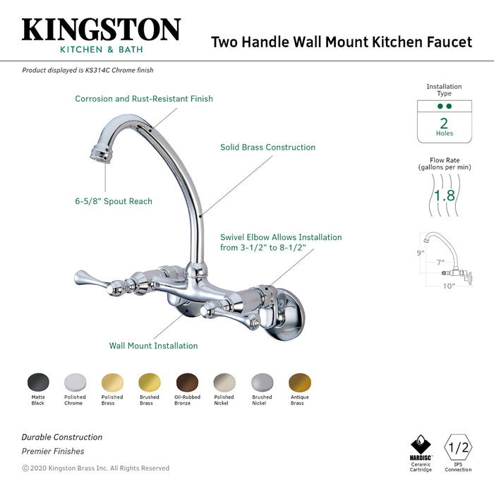 Kingston KS314ORB Two-Handle 2-Hole Wall Mount Kitchen Faucet, Oil Rubbed Bronze