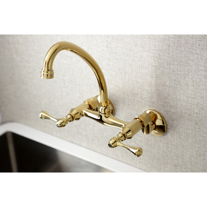 Kingston KS314PB Two-Handle 2-Hole Wall Mount Kitchen Faucet, Polished Brass