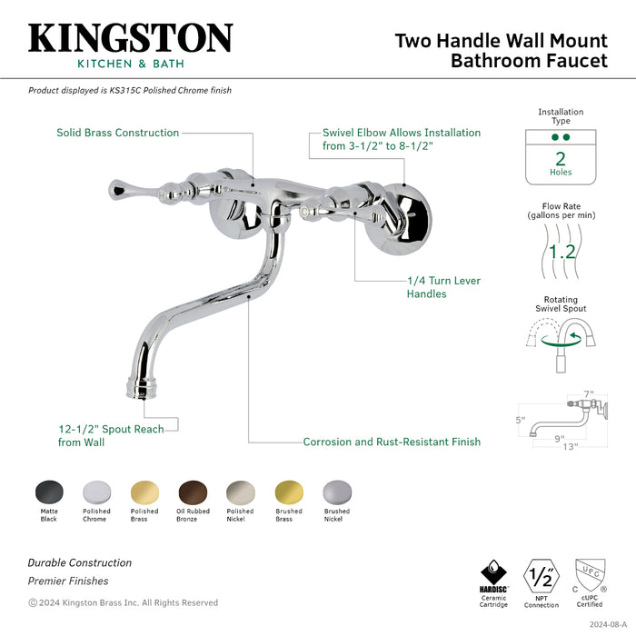 Kingston KS315PB Two-Handle 2-Hole Wall Mount Bathroom Faucet, Polished Brass