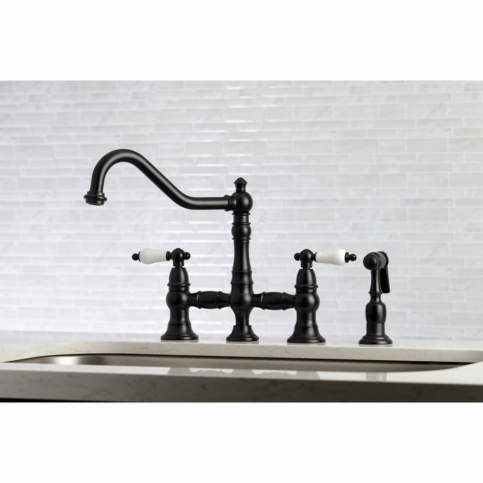 Restoration KS3270PLBS Two-Handle 4-Hole Deck Mount Bridge Kitchen Faucet with Brass Side Sprayer, Matte Black