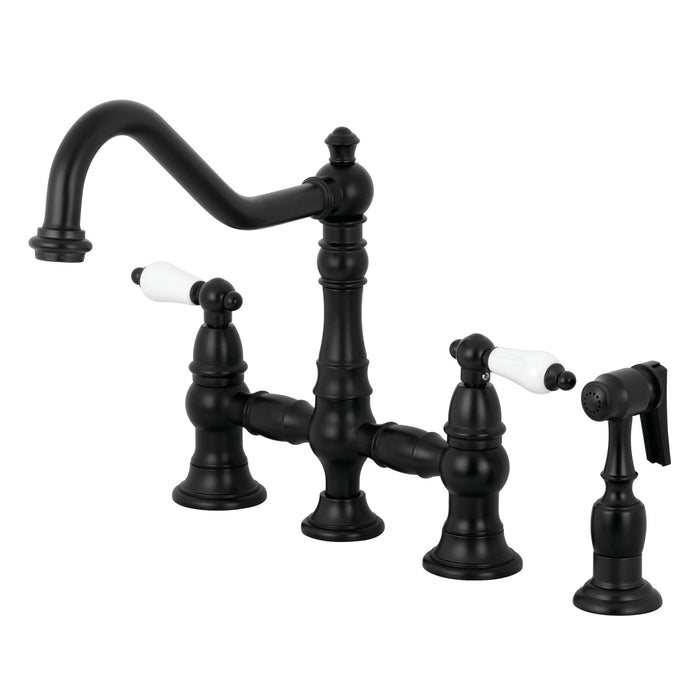 Restoration KS3270PLBS Two-Handle 4-Hole Deck Mount Bridge Kitchen Faucet with Brass Side Sprayer, Matte Black