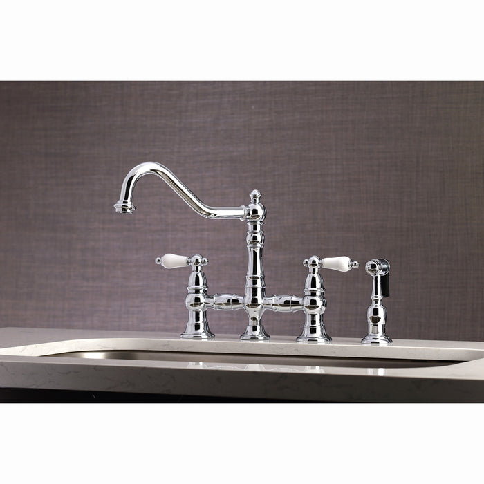 Restoration KS3271PLBS Two-Handle 4-Hole Deck Mount Bridge Kitchen Faucet with Brass Side Sprayer, Polished Chrome