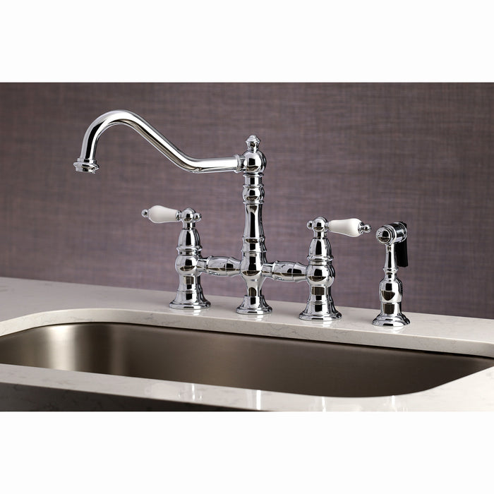 Restoration KS3271PLBS Two-Handle 4-Hole Deck Mount Bridge Kitchen Faucet with Brass Side Sprayer, Polished Chrome