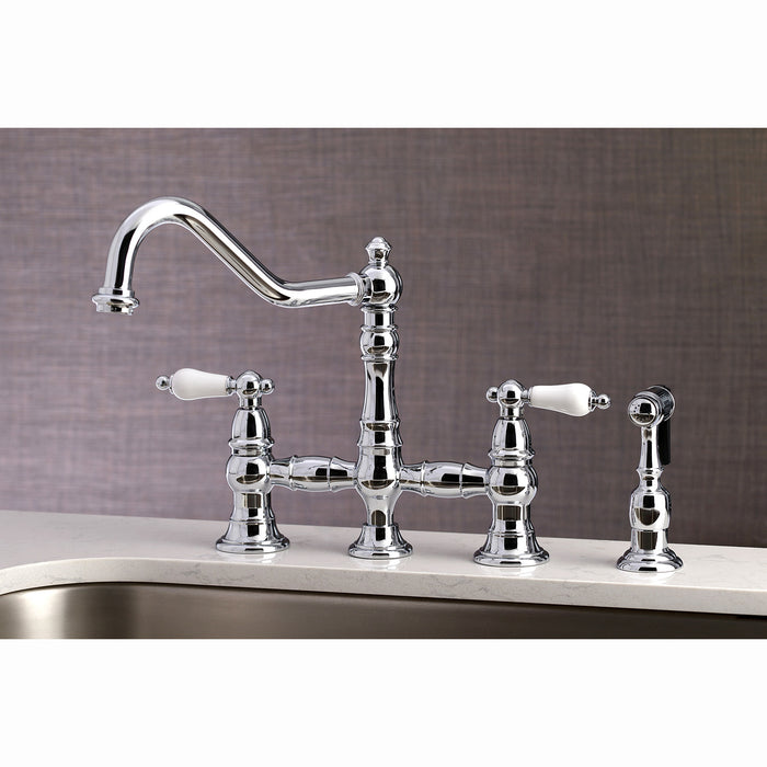 Restoration KS3271PLBS Two-Handle 4-Hole Deck Mount Bridge Kitchen Faucet with Brass Side Sprayer, Polished Chrome