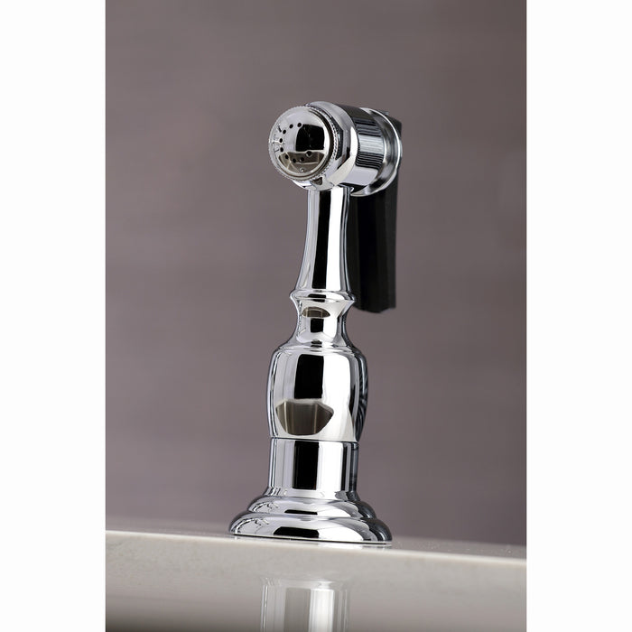 Restoration KS3271PLBS Two-Handle 4-Hole Deck Mount Bridge Kitchen Faucet with Brass Side Sprayer, Polished Chrome