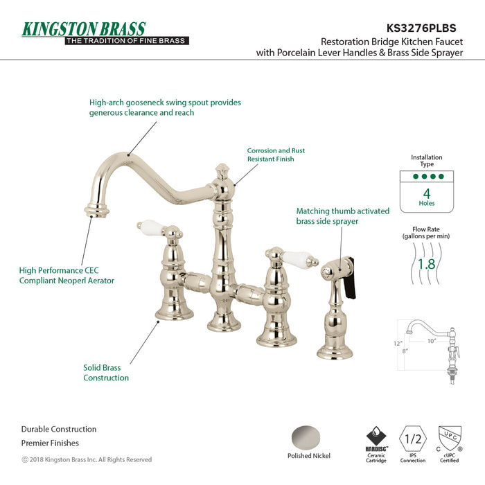 Restoration KS3276PLBS Two-Handle 4-Hole Deck Mount Bridge Kitchen Faucet with Brass Side Sprayer, Polished Nickel