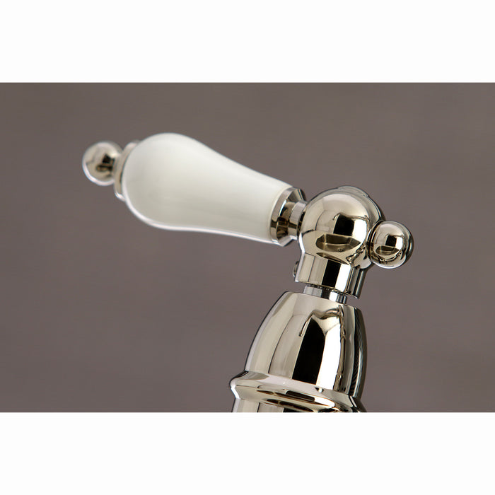 Restoration KS3276PLBS Two-Handle 4-Hole Deck Mount Bridge Kitchen Faucet with Brass Side Sprayer, Polished Nickel