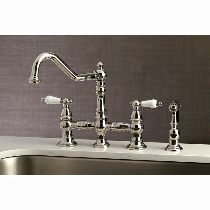 Restoration KS3276PLBS Two-Handle 4-Hole Deck Mount Bridge Kitchen Faucet with Brass Side Sprayer, Polished Nickel