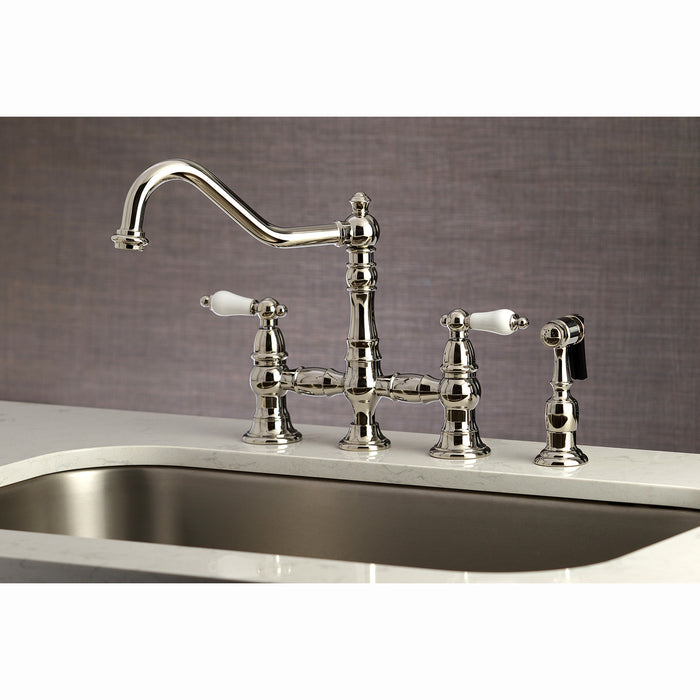 Restoration KS3276PLBS Two-Handle 4-Hole Deck Mount Bridge Kitchen Faucet with Brass Side Sprayer, Polished Nickel