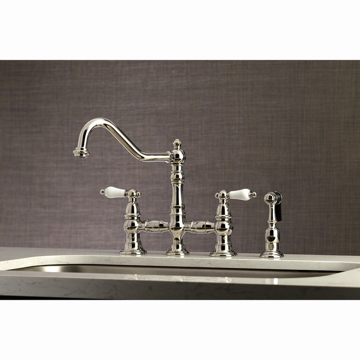 Restoration KS3276PLBS Two-Handle 4-Hole Deck Mount Bridge Kitchen Faucet with Brass Side Sprayer, Polished Nickel