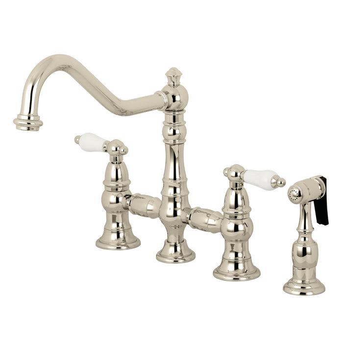 Restoration KS3276PLBS Two-Handle 4-Hole Deck Mount Bridge Kitchen Faucet with Brass Side Sprayer, Polished Nickel