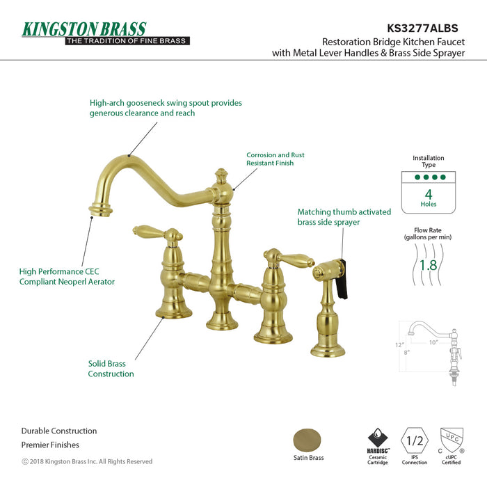 Restoration KS3277ALBS Two-Handle 4-Hole Deck Mount Bridge Kitchen Faucet with Brass Side Sprayer, Brushed Brass