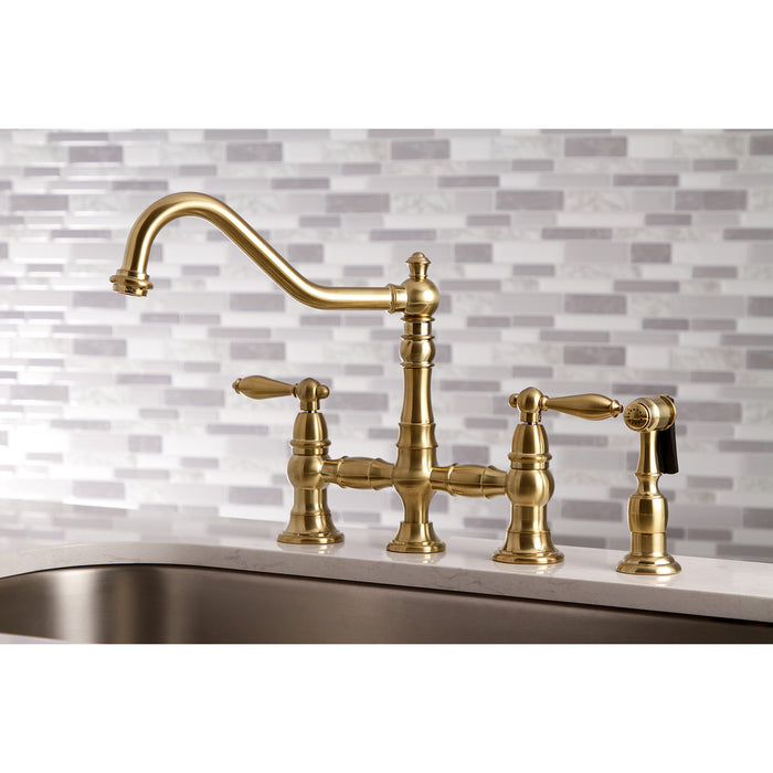 Restoration KS3277ALBS Two-Handle 4-Hole Deck Mount Bridge Kitchen Faucet with Brass Side Sprayer, Brushed Brass