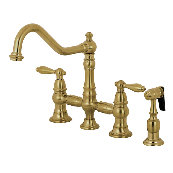 Restoration KS3277ALBS Two-Handle 4-Hole Deck Mount Bridge Kitchen Faucet with Brass Side Sprayer, Brushed Brass