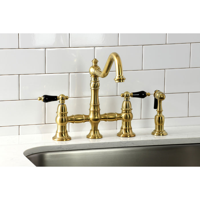 Duchess KS3277PKLBS Two-Handle 4-Hole Deck Mount Bridge Kitchen Faucet with Brass Side Sprayer, Brushed Brass