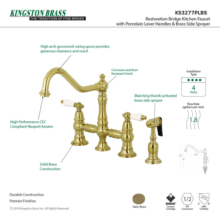 Restoration KS3277PLBS Two-Handle 4-Hole Deck Mount Bridge Kitchen Faucet with Brass Side Sprayer, Brushed Brass