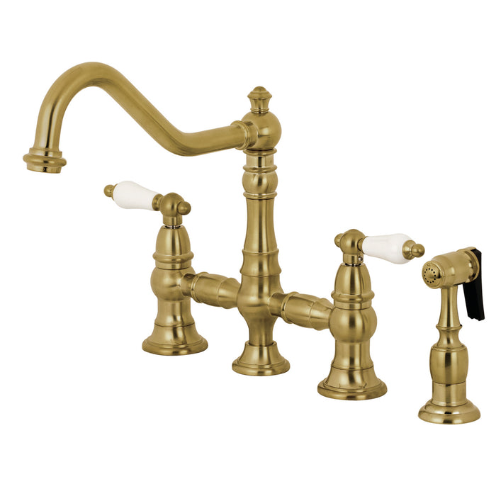 Restoration KS3277PLBS Two-Handle 4-Hole Deck Mount Bridge Kitchen Faucet with Brass Side Sprayer, Brushed Brass