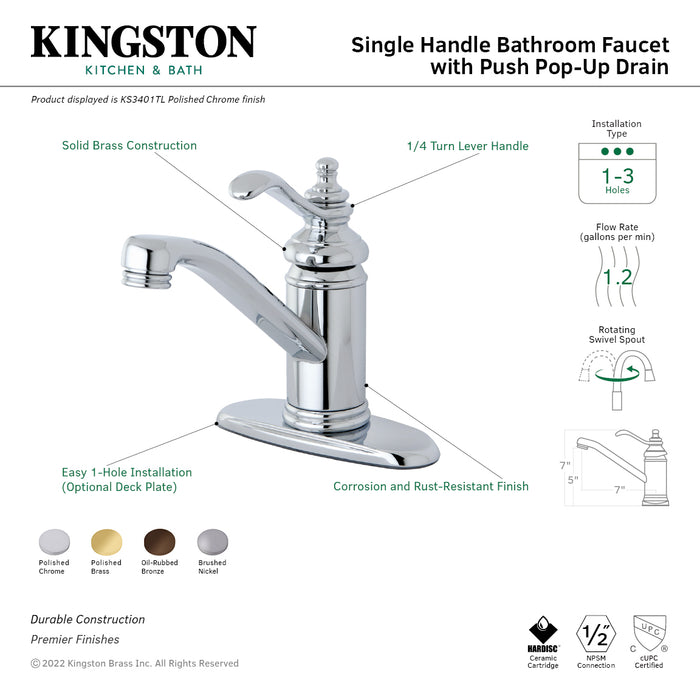 Templeton KS3402TL One-Handle 1-Hole Bathroom Faucet with Deck Plate and Push Pop-Up Drain, Polished Brass