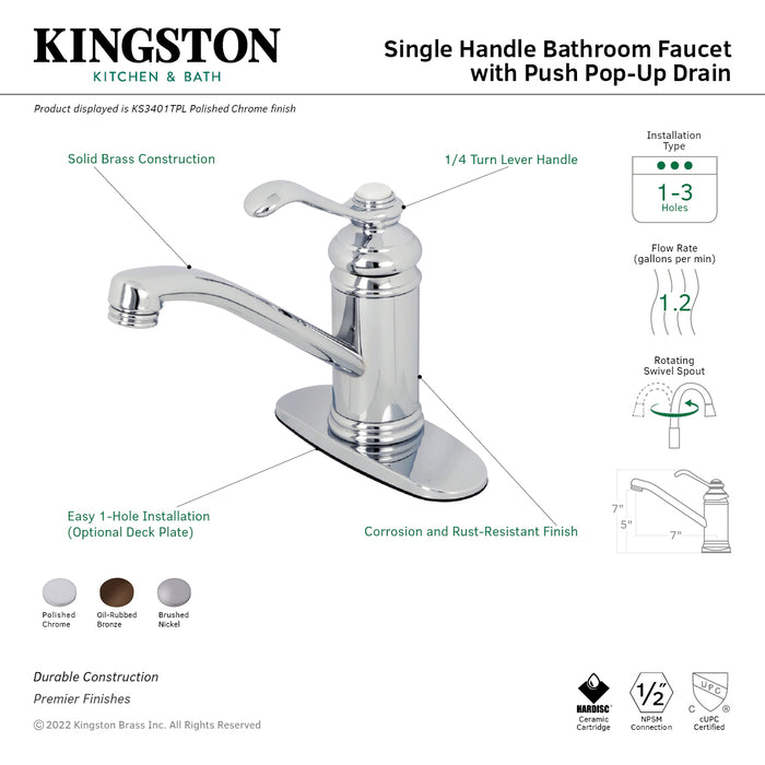 Templeton KS3405TPL One-Handle 1-Hole Bathroom Faucet with Deck Plate and Push Pop-Up Drain, Oil Rubbed Bronze