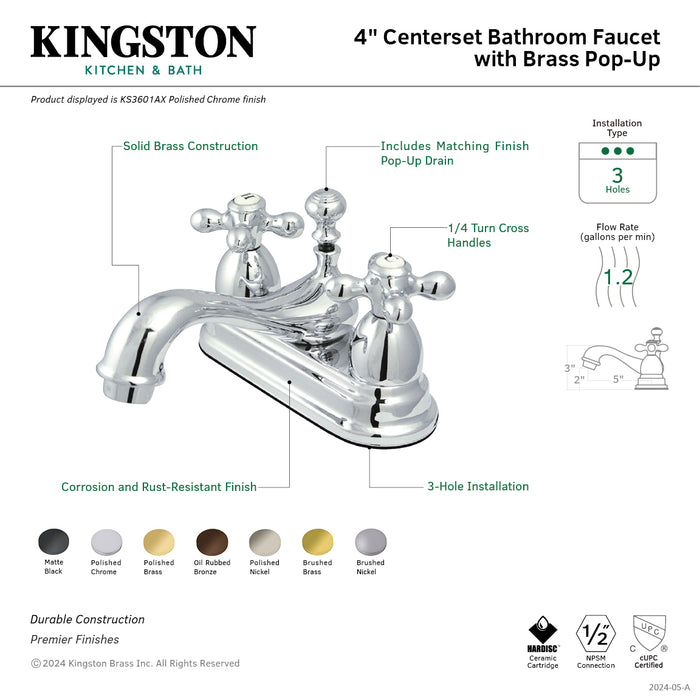 Restoration KS3606AX Two-Handle 3-Hole Deck Mount 4" Centerset Bathroom Faucet with Brass Pop-Up, Polished Nickel