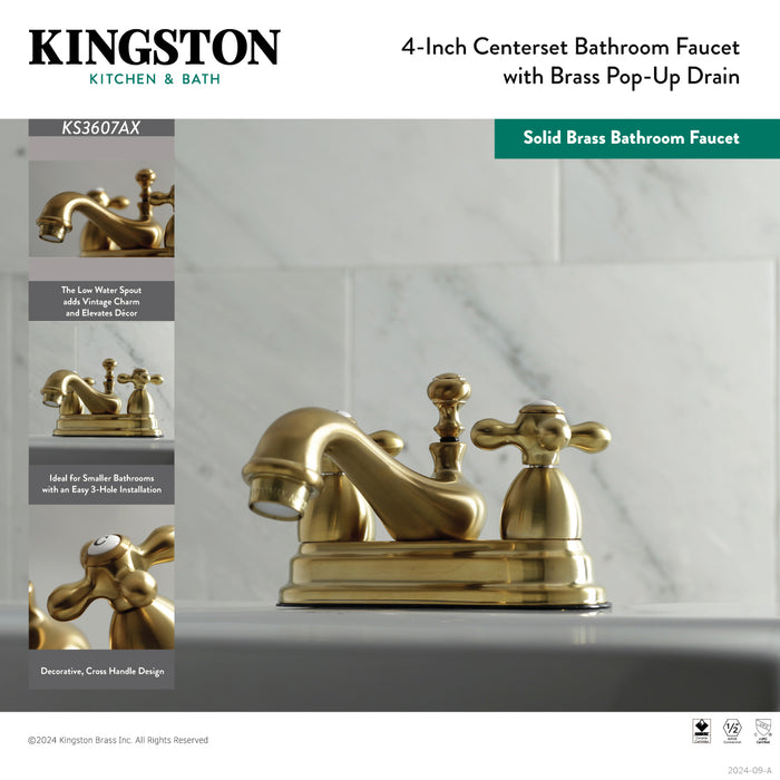 Restoration KS3607AX Two-Handle 3-Hole Deck Mount 4" Centerset Bathroom Faucet with Brass Pop-Up, Brushed Brass