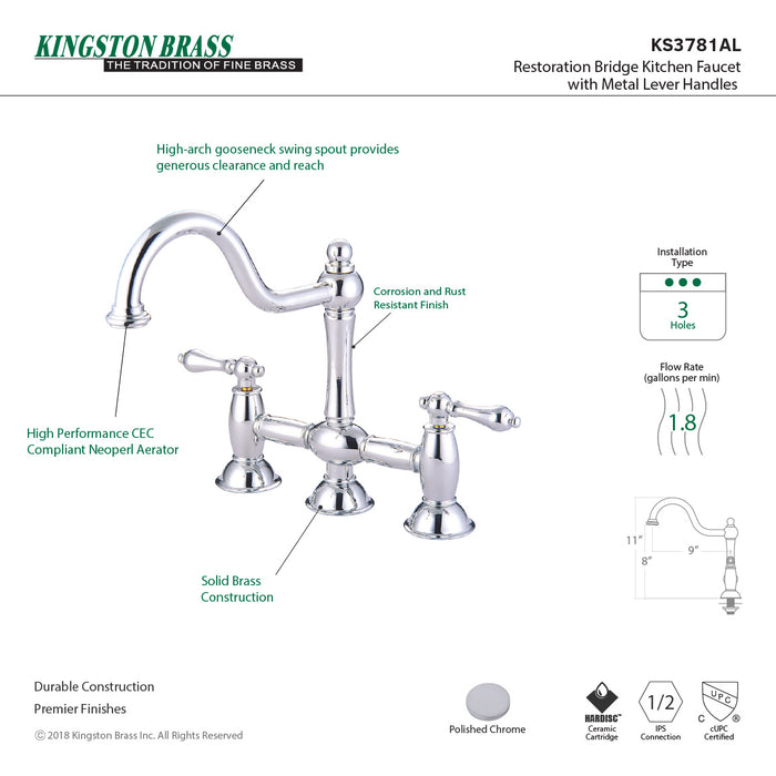 Restoration KS3781AL Two-Handle 3-Hole Deck Mount Bridge Kitchen Faucet, Polished Chrome